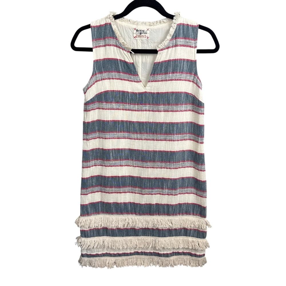 Holding Horses Mini Dress Western Fringe Neutral Stripe Size 0 Anthropologie - Picture 3 of 9